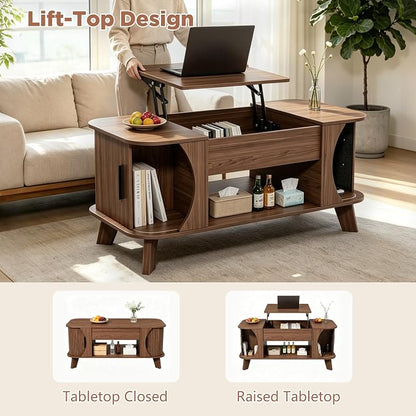 Lift Top Coffee Table with Storage, Wood Tabletop Center Table with Large Storage Shelf, Mid Century Modern Coffee Table for Living Room