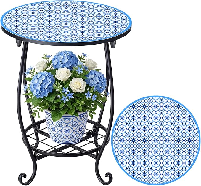 Cinnvoice Outdoor Side Table Round Small Mosaic Patio Accent Indoor End Plant