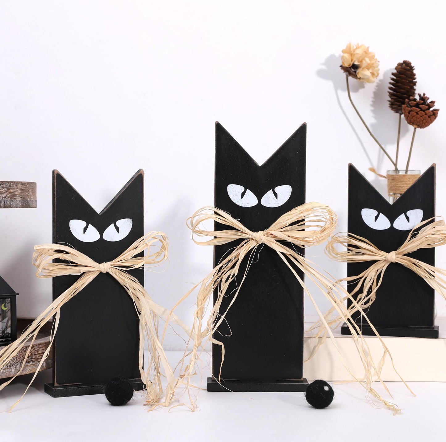 Set of 3 Wooden Black Cats Table Decor – Rustic Halloween Decorations, Tiered Tray Accents, Farmhouse Spooky Black Cat Figurines in 3 Sizes