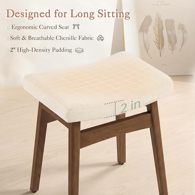 LUE BONA Solid Wood Vanity Bench Stool, 17.3" H Ergonomic Saddle Stool