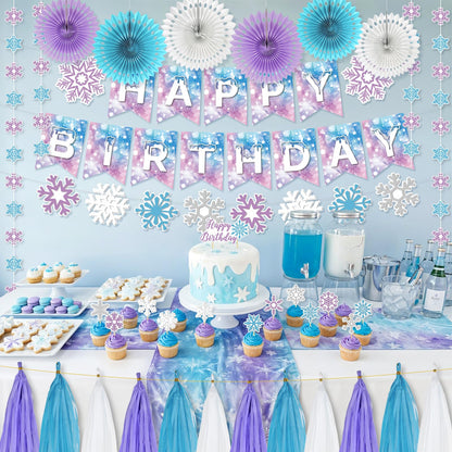 LakPty Frozen Party Decorations, Blue Purple White Snowflake Theme Birthday Decor Kit with Banner, Garlands, Cake Topper, Paper Fans, Tassels Decors for Boys Girls Winter Holiday Party Supplies