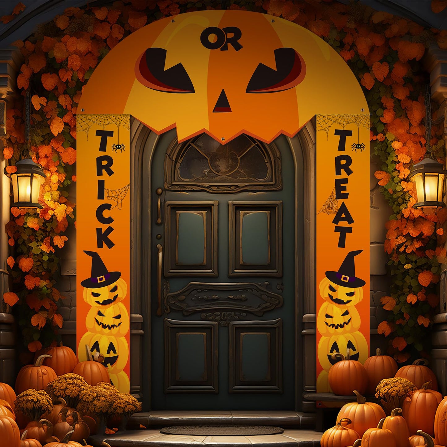 HunnmingRe 3 Pcs Halloween Cemetery Archway Halloween Cemetery Banners Gothic Outdoor Banners Sign Banner Decorations for Outdoor Party Supplies (Pumpkin)