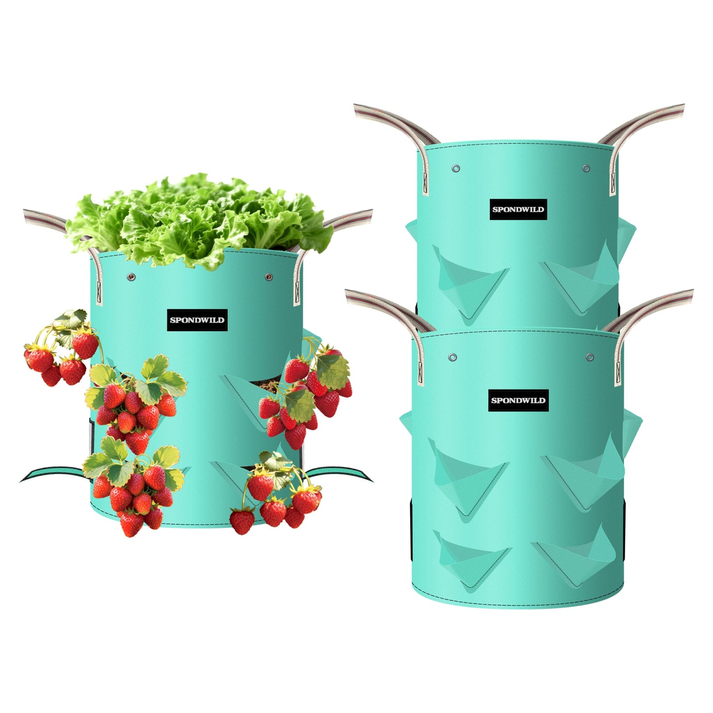 SPONDWILD 3 Pack 20 Gallon Strawberry Grow Bags, Heavy Duty Reusable PE Pots with Breathable Window, Branch & Drainage Holes, Reinforced Handles for Strawberries, Veggies, Flowers, Balcony/Patio Use