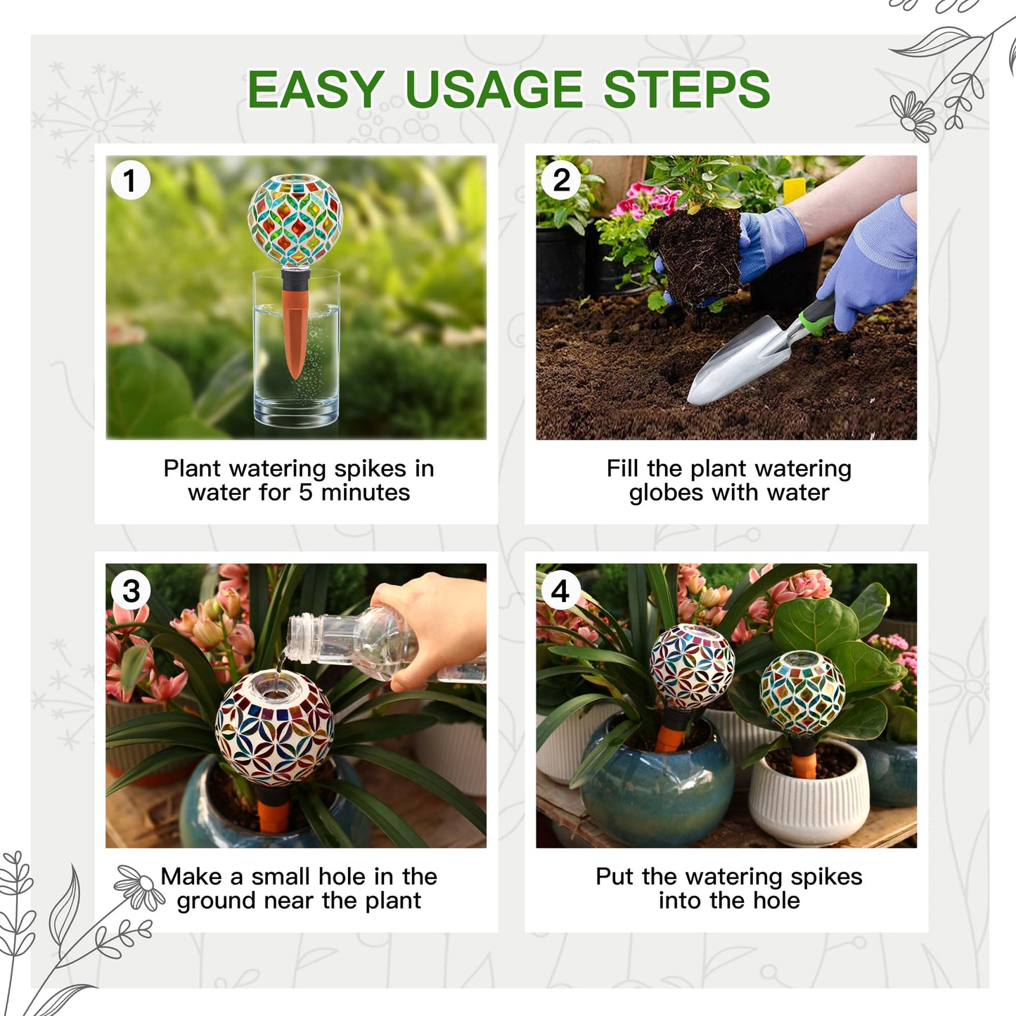 VOREEN Mosaic Plant Watering Globes with Terracotta Spikes, Decorative Glass Watering Globes for Potted Plants, Garden Accent & Thoughtful Gift, Set of 2