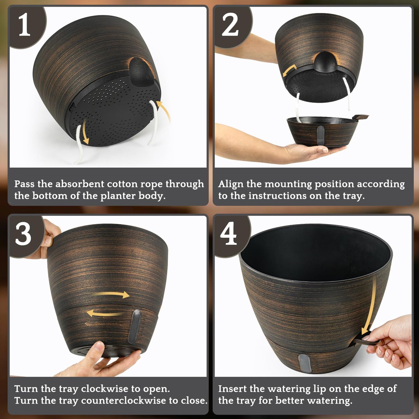 ZMTECH 10 Inch Self Watering Pots for Indoor/Outdoor Plants, Bronze Large Plastic Planter with Water Level Indicator, Drainage Hole & Removable Saucer for Garden Flowers, Deco Plant Container