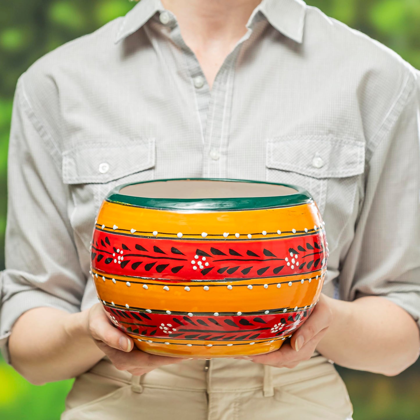 Evergreen Garden Talavera Mexican Pottery Ceramic 9 in. Stripped Orange Baul | Flower Pot Plant Succulent | Indoor Outdoor