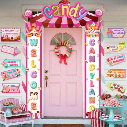 Candyland Party Decorations Welcome Candyland Door Banner Porch Sign Lollipop Paper Cutouts Sweet Candy Theme Party Supplies for Kids Candy Land Birthday Baby Shower Halloween Christmas Decor