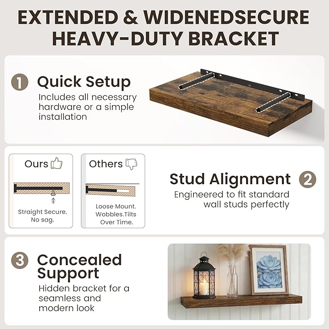Dreamland Floating Shelves 16 inch, 2 Pack Rustic Wooden Wall Shelves, Wall