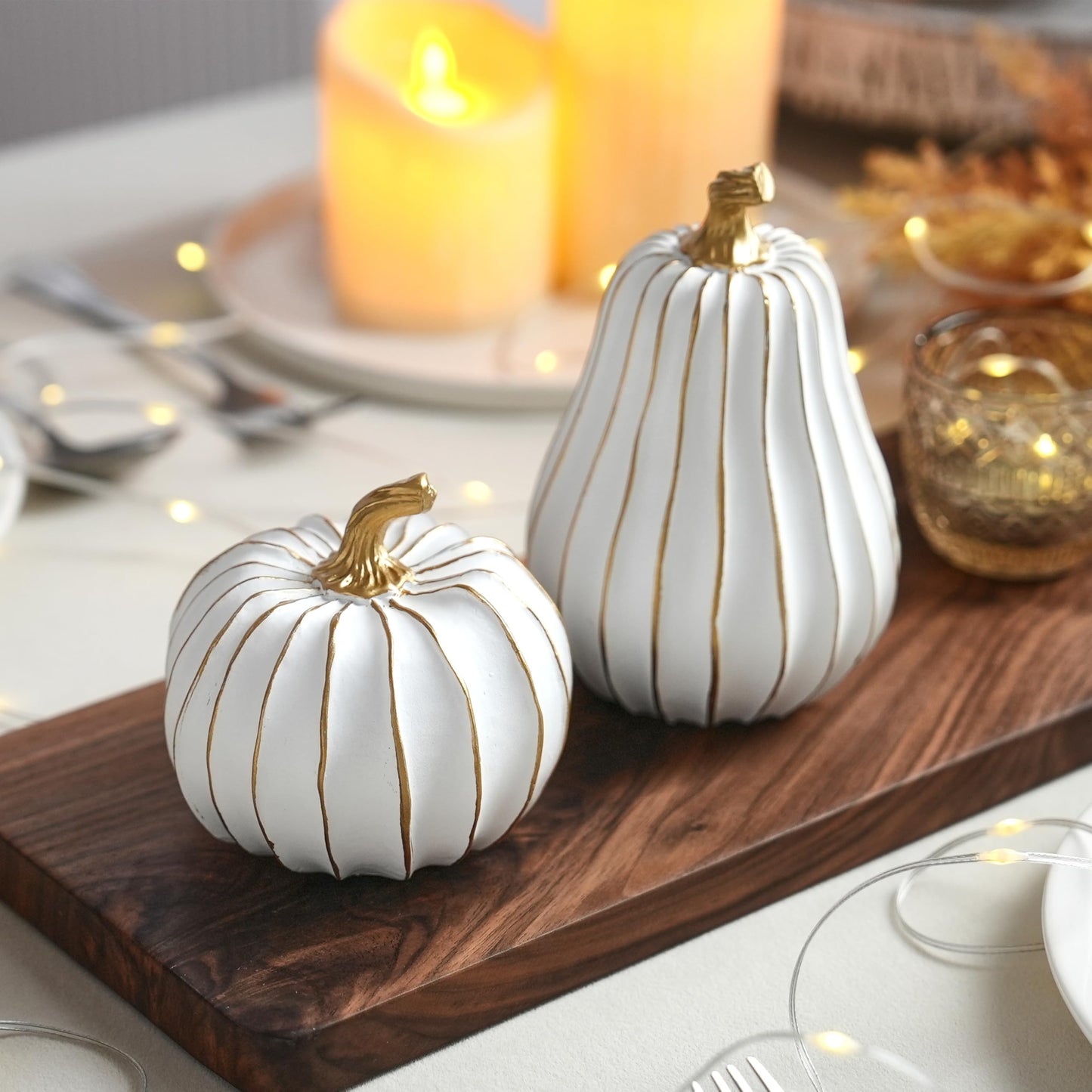 FESTGLOX Pumpkin Fall Decor, White and Gold Pumpkins for Decorating Thanksgiving Table Centerpieces, Artificial Resin Pumpkins Decor for Mantel, Harvest Autumn Tabletop Decoration