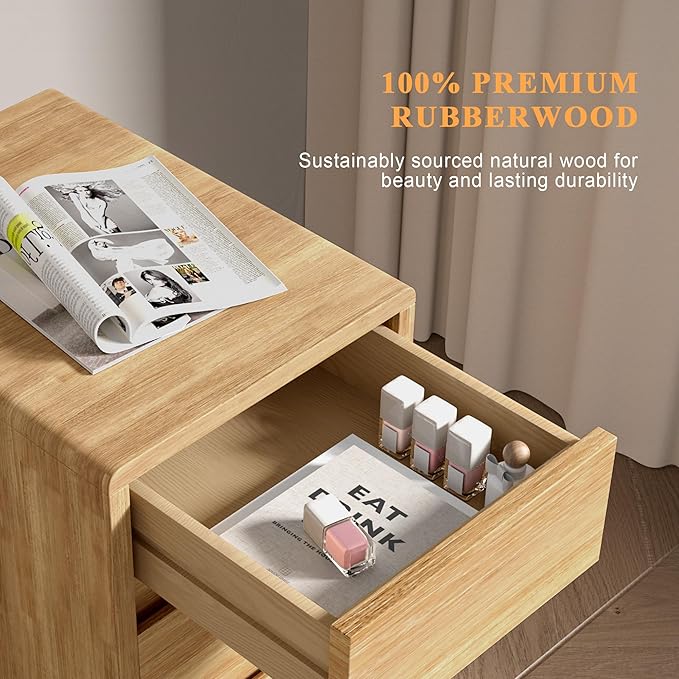 Nightstand with 3 Drawers Narrow Night Stand Solid Wood Bedside Table Mid