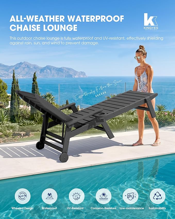 KINGYES HDPE Lounge Chair Outdoor, Patio Chaise Lounge Recliner
