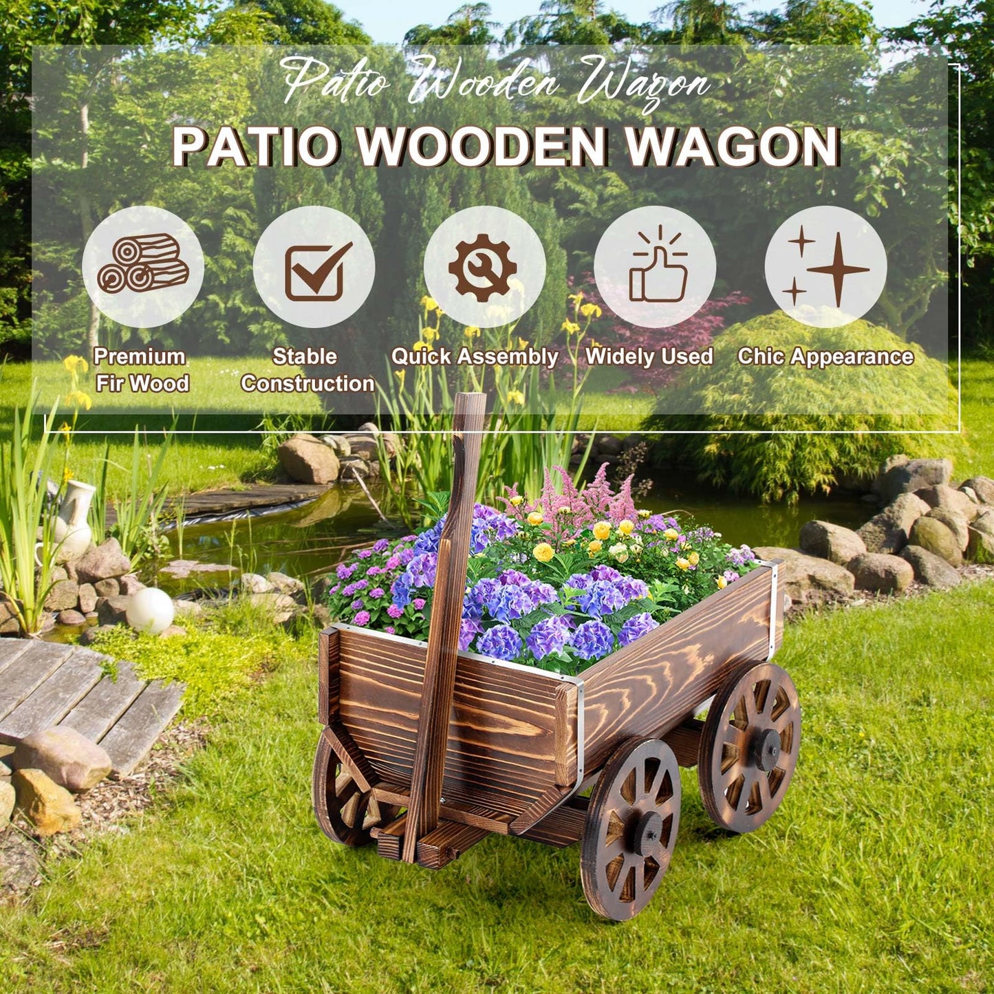 Beeveer Wooden Wagon Flower Planter Cart Garden Planter Box with Wagon Wheels Cart for Home Garden Outdoor Balcony Decorative, Patio Flowers Herbs Vegetables, Brown 34 x 23.5(Small Classic)