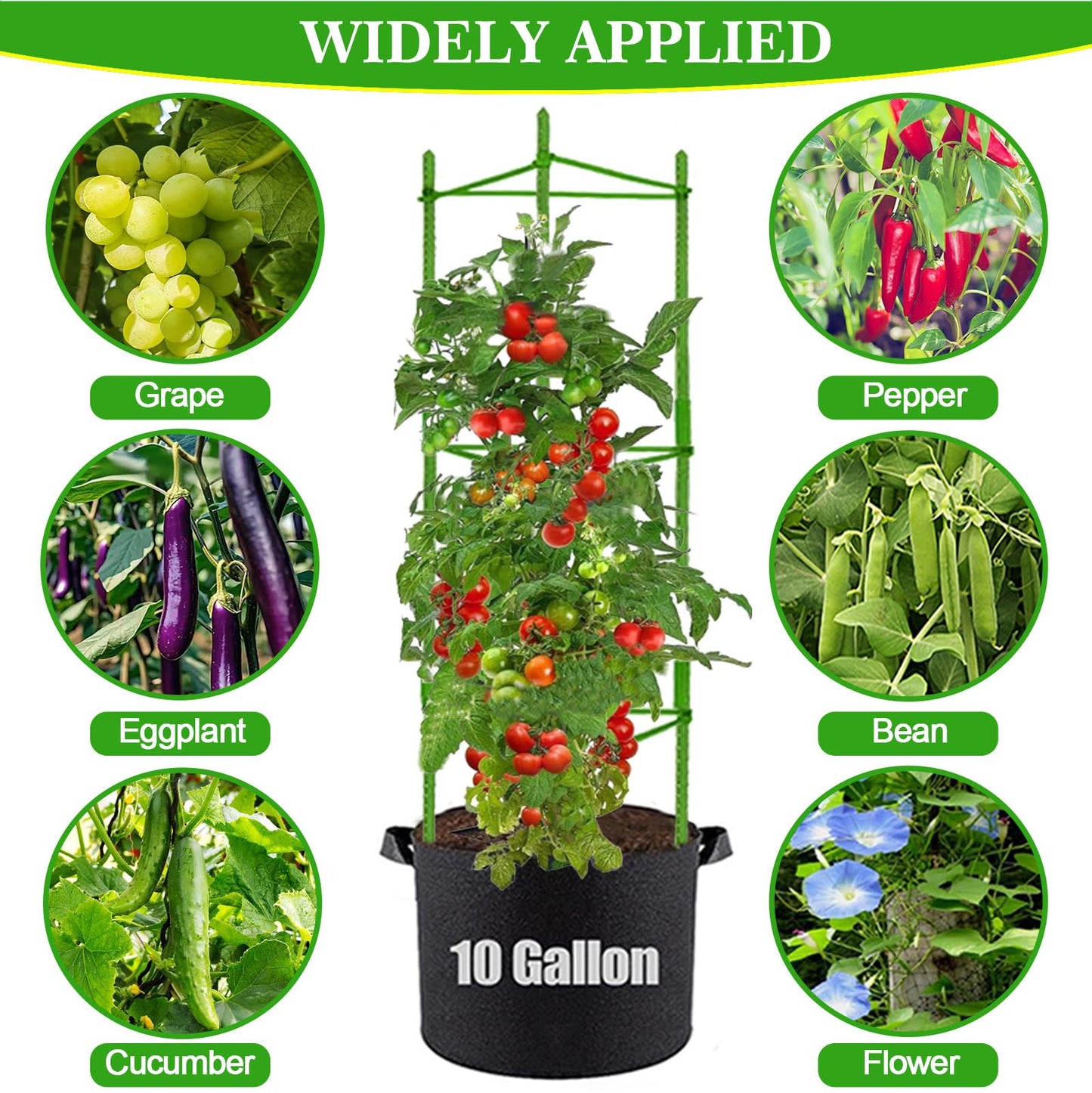 Tomato Cages with 10 Gallon Grow Bags, 48 Inches Garden Tomato Planter, 3-Pack Tomato Trellis for Raised Garden Bed, Tomato Cage Pots Plant Support Stakes Trellis for Climbing Plants Vegetable Flowers