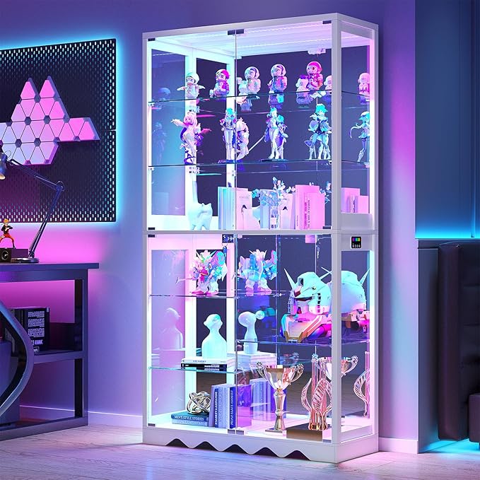 Large Display Cabinet with Glass Doors, 8-Tier RGB Curio Cabinet with Smart