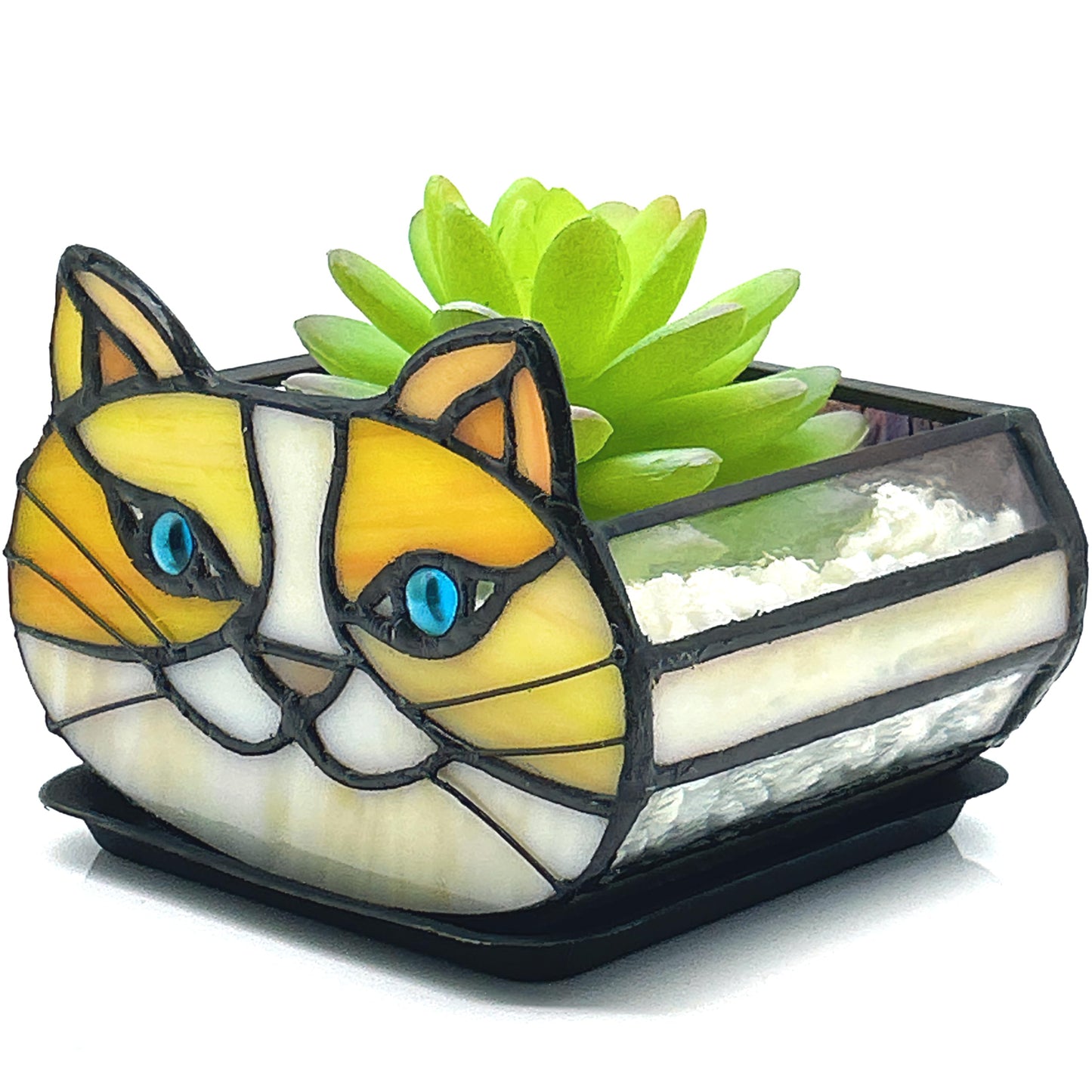 Entlityful Stained Glass Yellow Cat Flower Pot,Small Succulent Planter for Indoor Plants,Cat Plant Decoration for Windowsill 4.33x3.54x2.95 in（Excluding Plants）