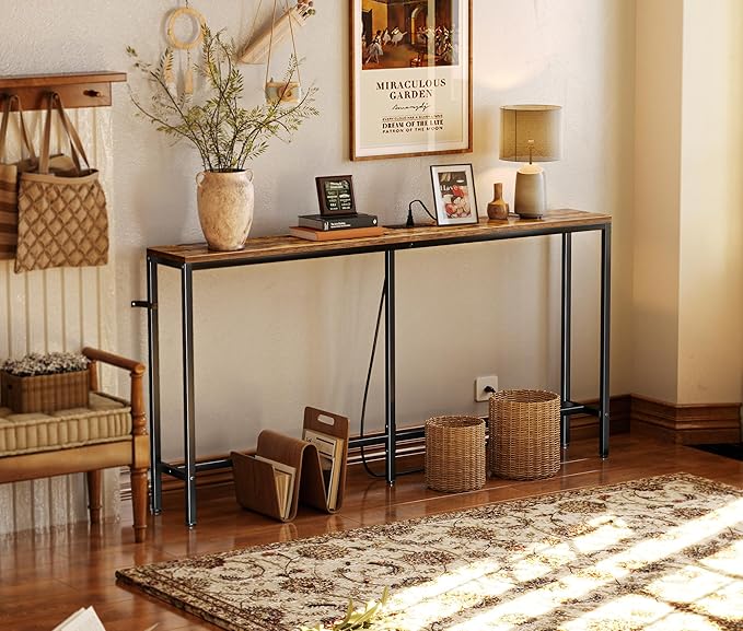 SUPERJARE Console Table with Outlet, 63 Inch Sofa Table with Charging Station