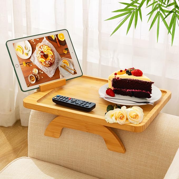 SINWANT Couch Arm Tray Table, Large Bamboo Couch Armrest Table