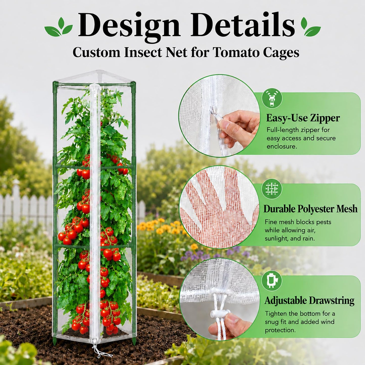 Halatool Garden Tomato Plant Cover Netting, Fits 55–72" Tall Tomato Cages, Garden Bird Netting with Zipper & Drawstring, Insect Barrier, Plant Covers from Insects Animals, 2 Pack, 61"×15.7"