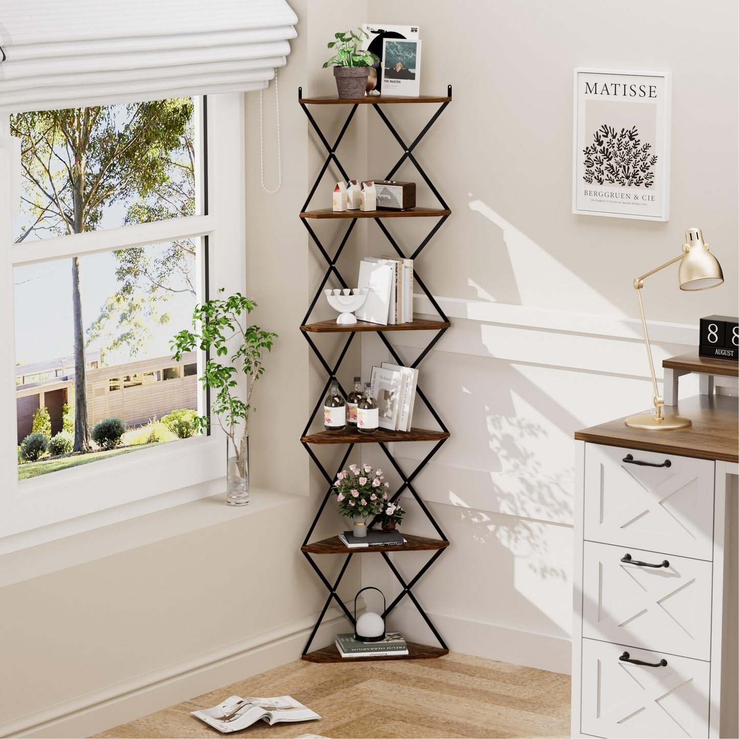 IRCPEN 6 Tier Wall Mounted Corner Shelf Stand, Industrial Corner Bookshelf with X Metal Frame, Tall Standing Shelf Organizer, Bookcase, Plant Stand for Living Room, Bedroom Rustic Brown CS-006RB