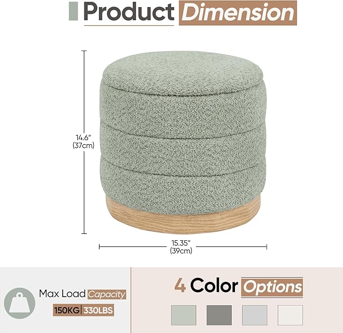 Round Storage Ottoman with Reversible Tray Lid, Folding Chenille Fabric