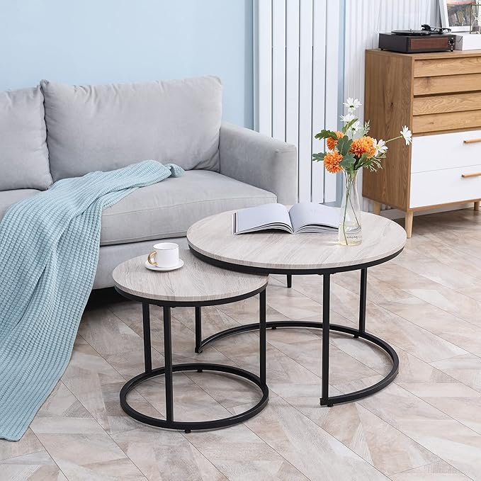 HOMCOM Round Nesting Tables Set of 2, Stacking Coffee Table Set