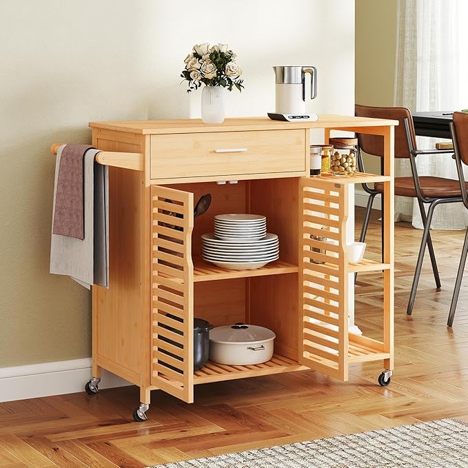Giantex Bamboo Kitchen Island Cart, Mobile Serving Cart