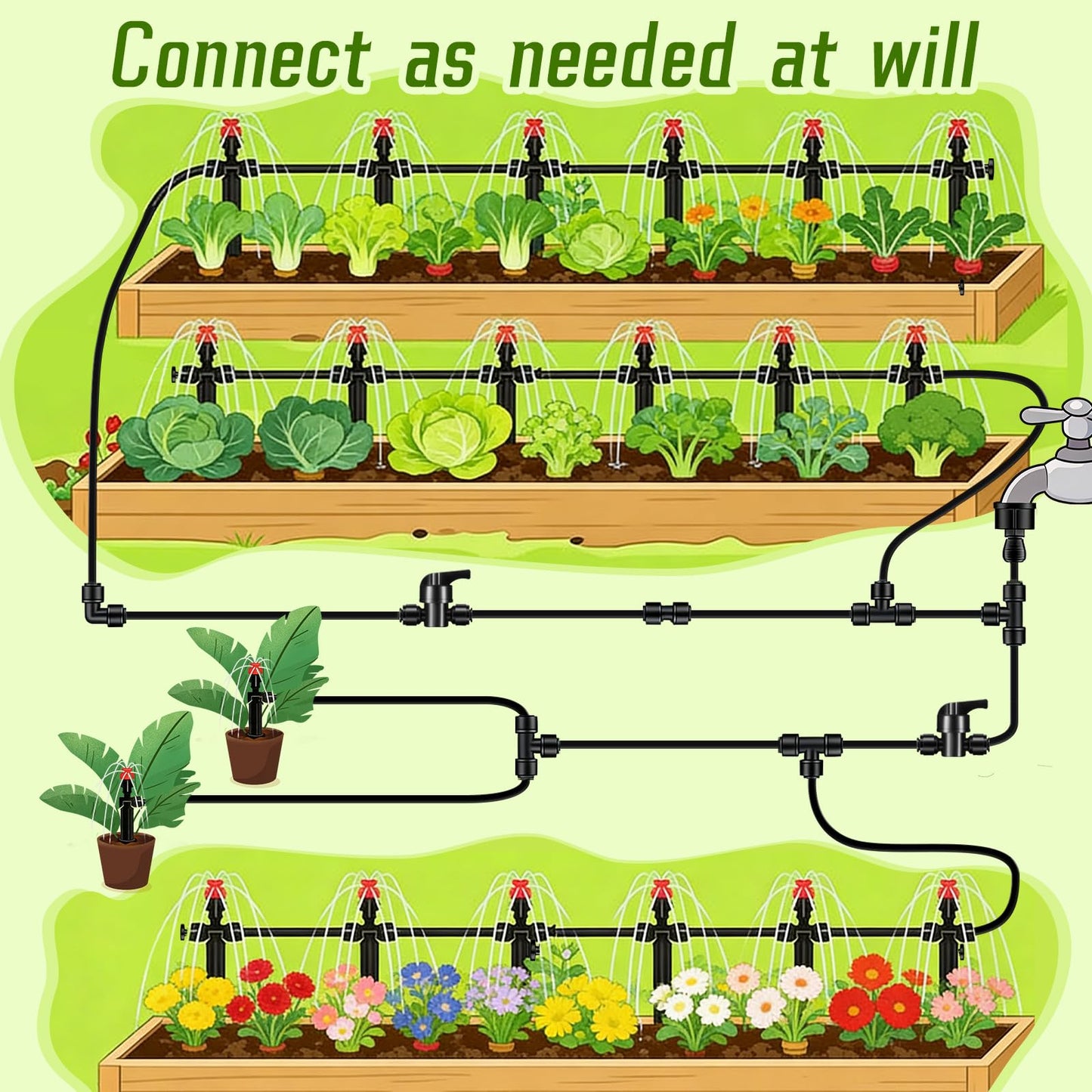 47 Pack Quick Connect 1/4" Drip Irrigation Fittings Kit, 1/4'' Drip Irrigation Tubing Push-to-Fit Connectors Parts- 5 Shut Off Valve, 10 Tees, 10 Couplings, 10 Elbows,10 End Plugs, 2 Faucet Adapters