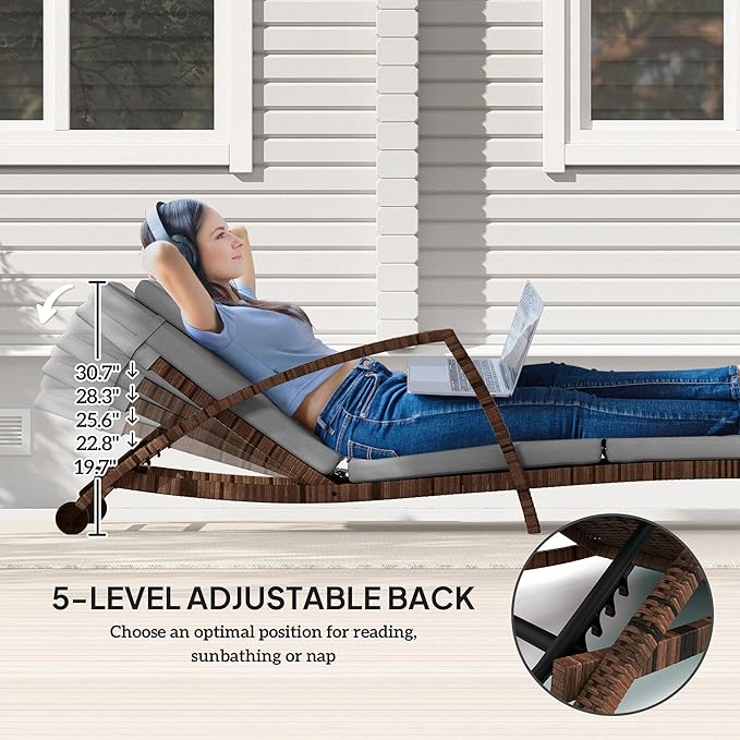 Outsunny Wicker Chaise Lounge Chair Outdoor Set of 2, 5-Position Adjustable