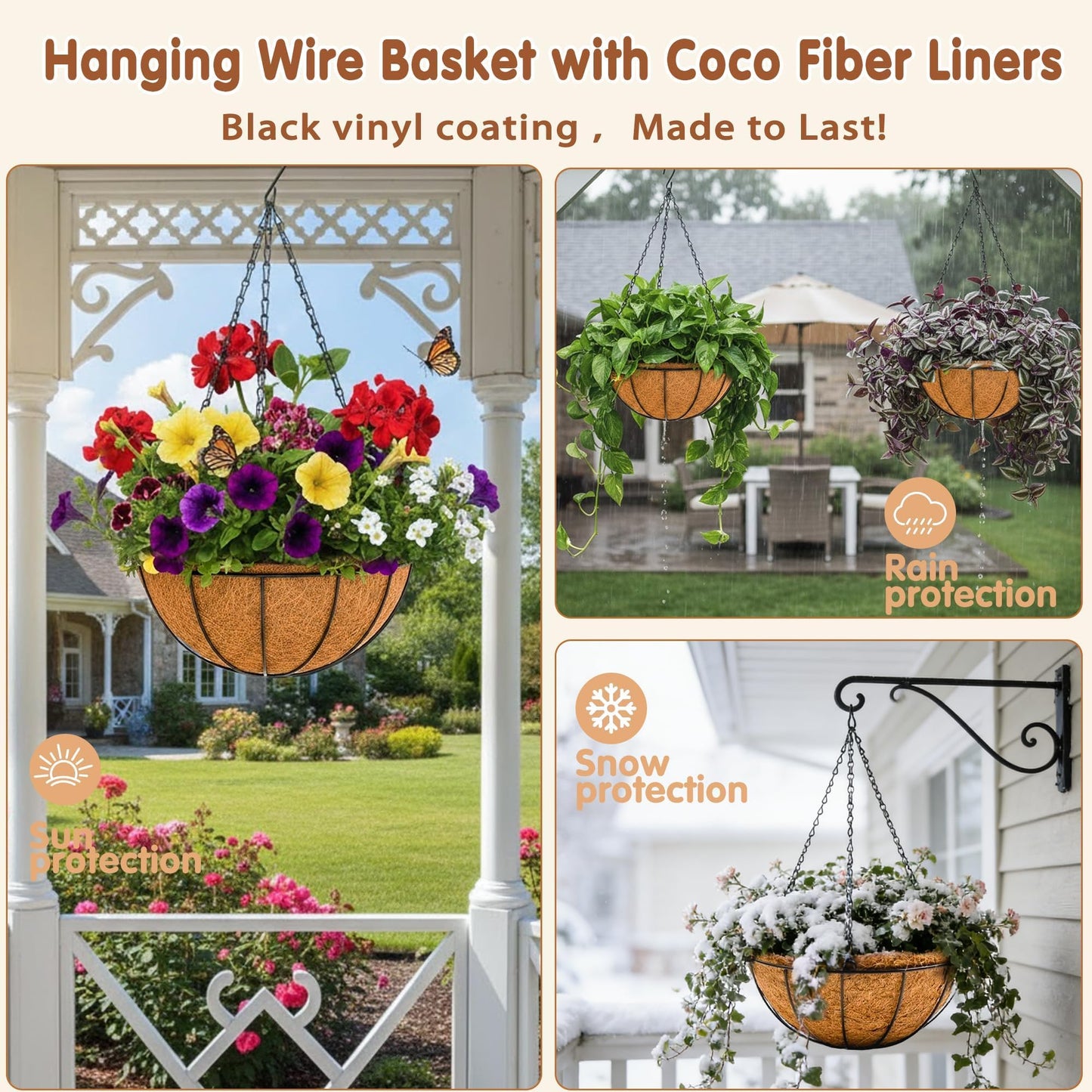 8 inch Metal Hanging Baskets For Plants Outdoor 4 Pack Round Metal Wire Hanging Basket Planter with Coco Fiber Liners Chain Round Wire Plant Holder for Garden, Patio, Deck, Porch Plants Flower Potss