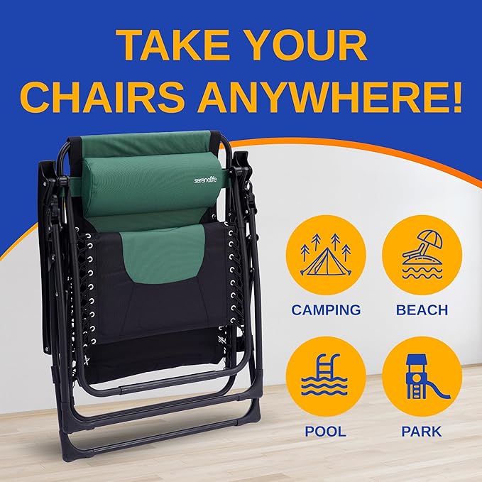 SereneLife Oversized Padded Zero Gravity Lounge Chair, Foldable Outdoor Patio