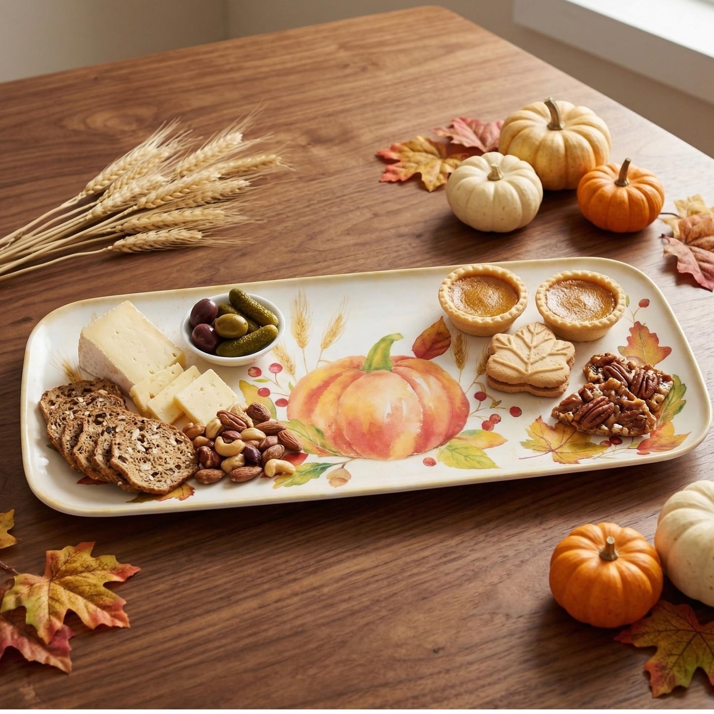 UPware Harvest Pumpkin Melamine Serving Tray, 15 x 6.5 Inch Rectangular Serving Platter, BPA Free Food Tray for Party Entertaining