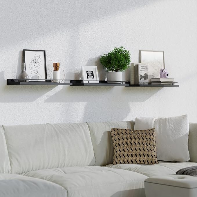 WOPITUES Floating Shelves with Black Metal Guardrail, Shelves