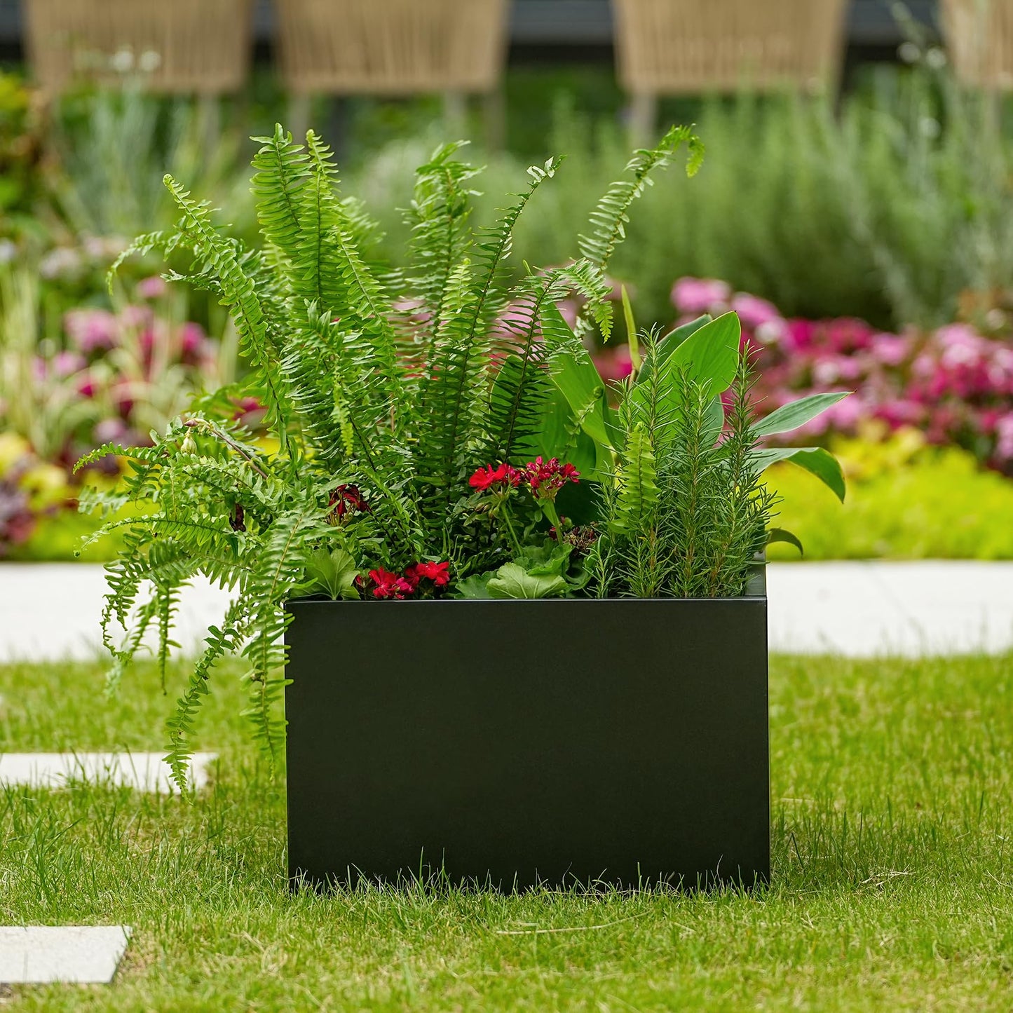 Garvee Square Metal Planter Box with Drainage Holes, 18"X18"X12" Heavy Duty Black Steel Outdoor Planter & Raised Garden Bed, Snap-on Assembly for Patio, Balcony, Garden