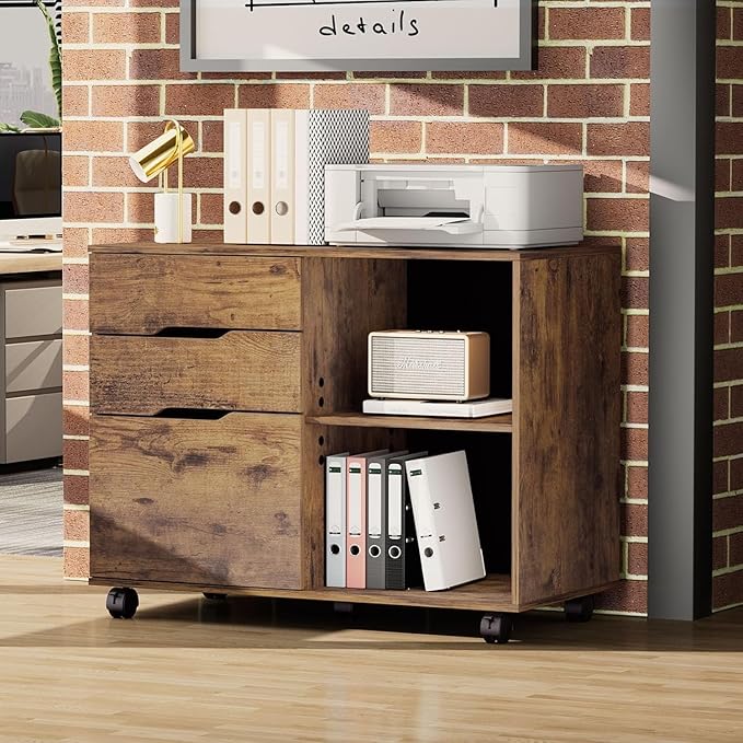 UOCFYK File Cabinet with 3 Drawers, Mobile Lateral Filing Cabinet with Open Storage Shelves for Home Office Under Desk Storage, Brown