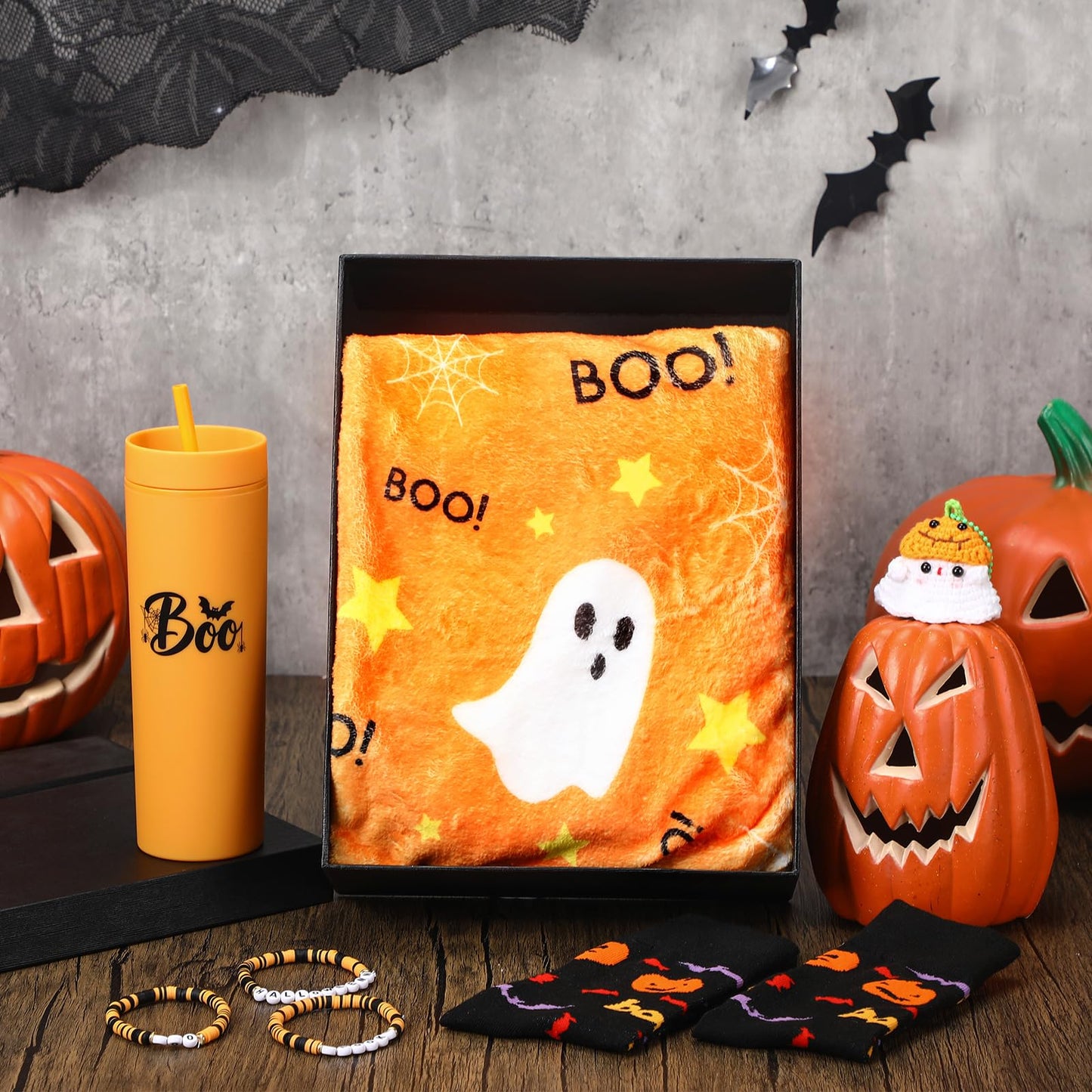 Meanplan 7 Pack Halloween Boo Basket Stuffers Halloween Gifts for Women Orange Basket Stuffer Includes 12oz Orange Acrylic Ghost Tumbler Velvet Blanket Crochet Ghost Keychain Socks for Family