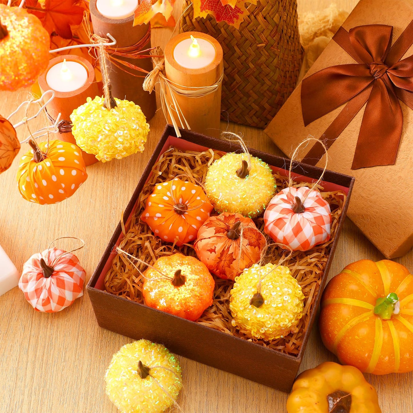 Libima 12 Pcs Thanksgiving Pumpkin Tree Ornament Fall Tree Decorations Hanging Mini Pumpkin Ball Decorations Farmhouse Ornaments for Autumn Thanksgiving Halloween Christmas (Cute)