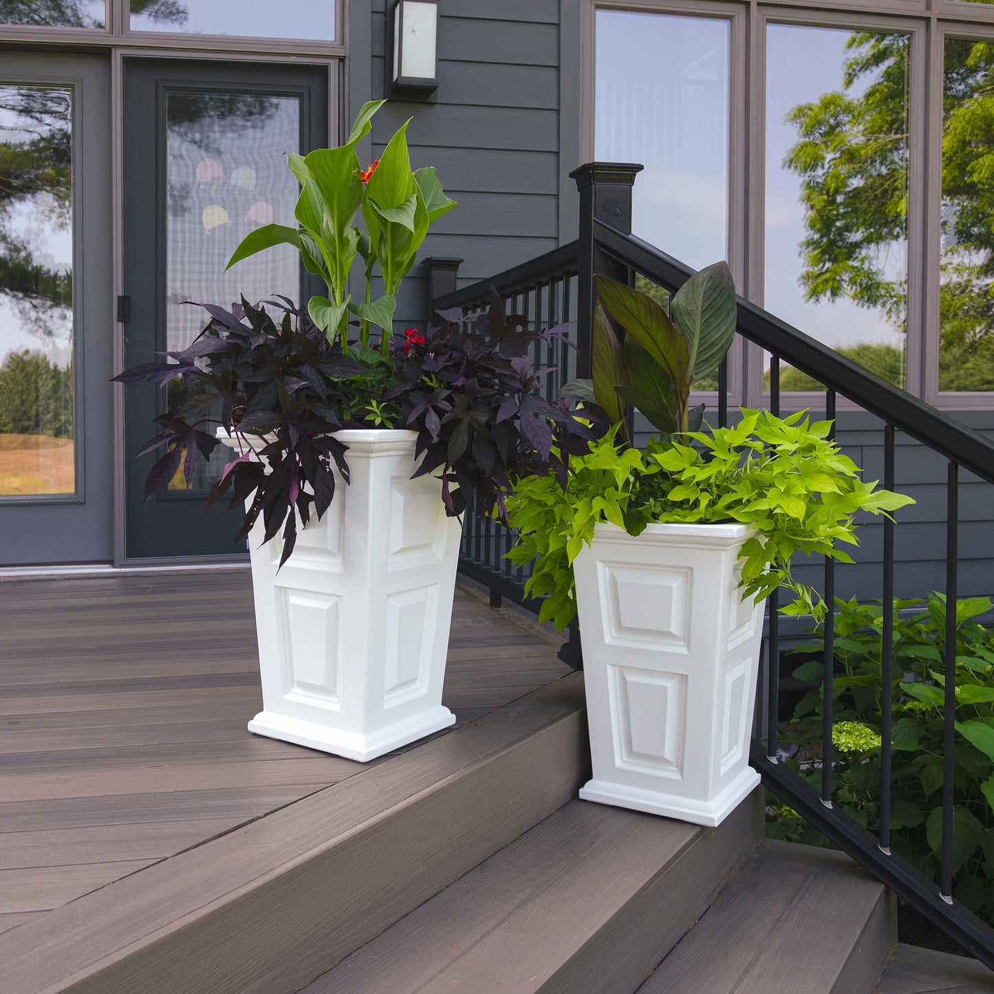 Mayne Wyndham 24-Inch Tall Planter, 2-Pack – Self-Watering, Weather-Resistant Planter for Flowers – Durable Indoor/Outdoor Design for Patio, Porch, or Entryway