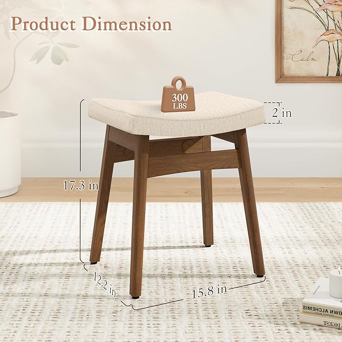 LUE BONA Solid Wood Vanity Bench Stool, 17.3" H Ergonomic Saddle Stool