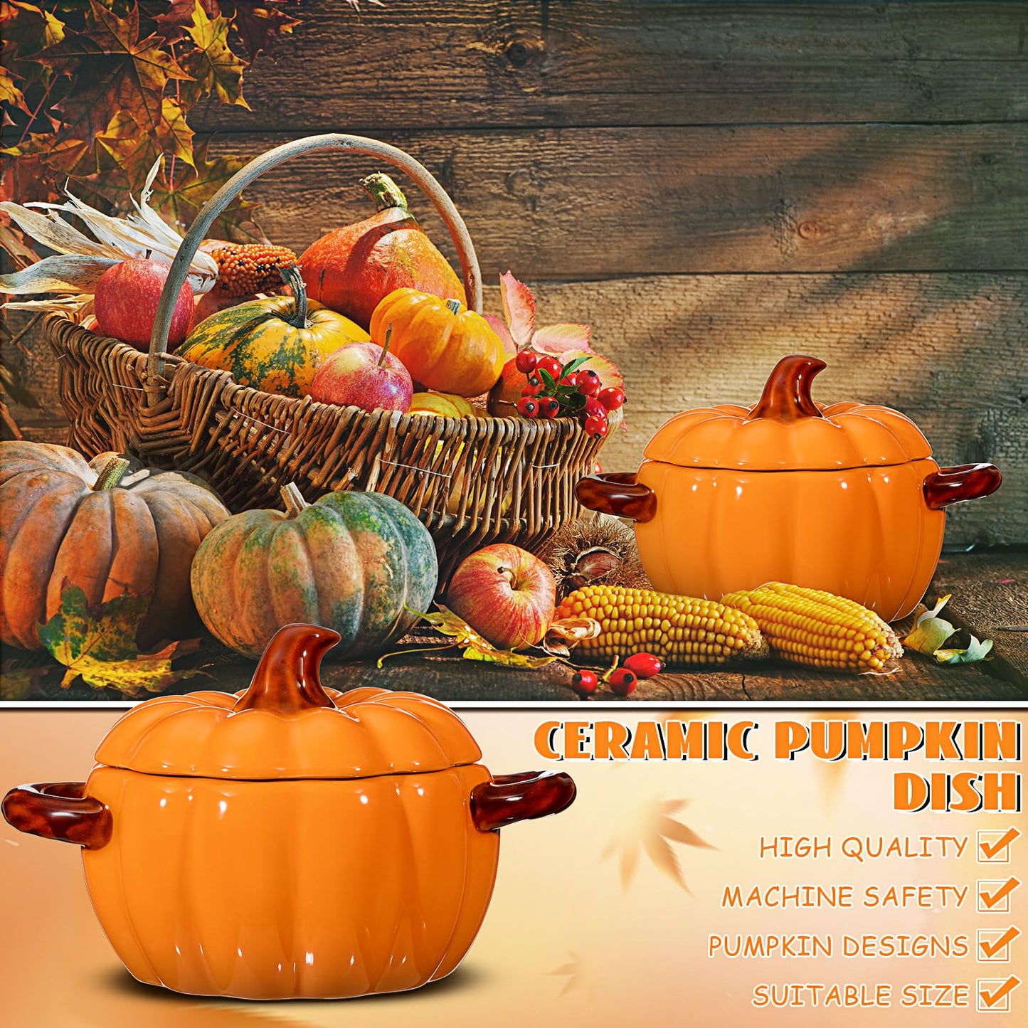 Uiifan 2 Pcs Pumpkin Bowl Ceramic Pumpkin Pot for Cooking Thanksgiving 17 oz Casserole Cookware Soup Dish Orange Cute Safe Oven Pot with Lid Double Ear for Fall Halloween Autumn Baking