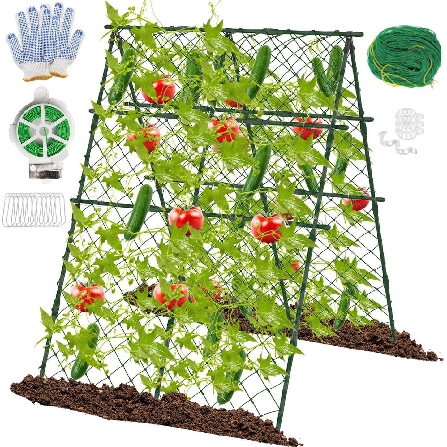 STFALI 63"H x 47"L Cucumber Trellis for Raised Bed, Adjustable Garden Trellis for Climbing Plants Outdoor with Climbing Net and Plant Support Clip, A-Frame Trellis for Vegetable, Cucumbers, Tomatoes