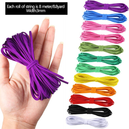 WILLBOND 12 Rolls Colorful Elastic Cord - Heavy Duty Stretch Knitted Flat Band for Sewing Crafts DIY Comforter Cuffs (1/8 Inch X 8.8 Yard, Bright Color)
