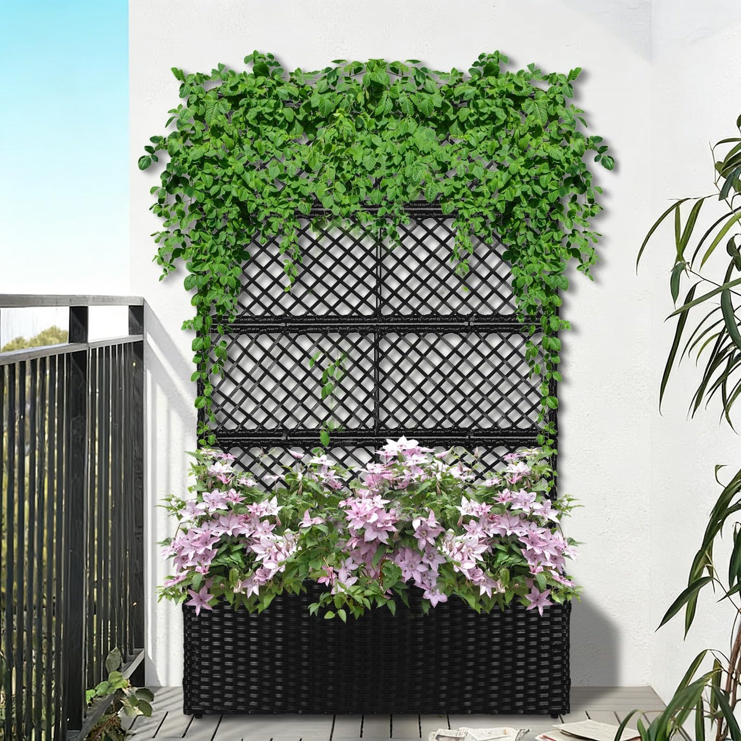 52’’ H Garden Planter Box with Trellis Outdoor for Vine Climbing Plants, Flowers Handwoven Rattan Garden Bed with Removable Liners for Backyard Patio Balcony