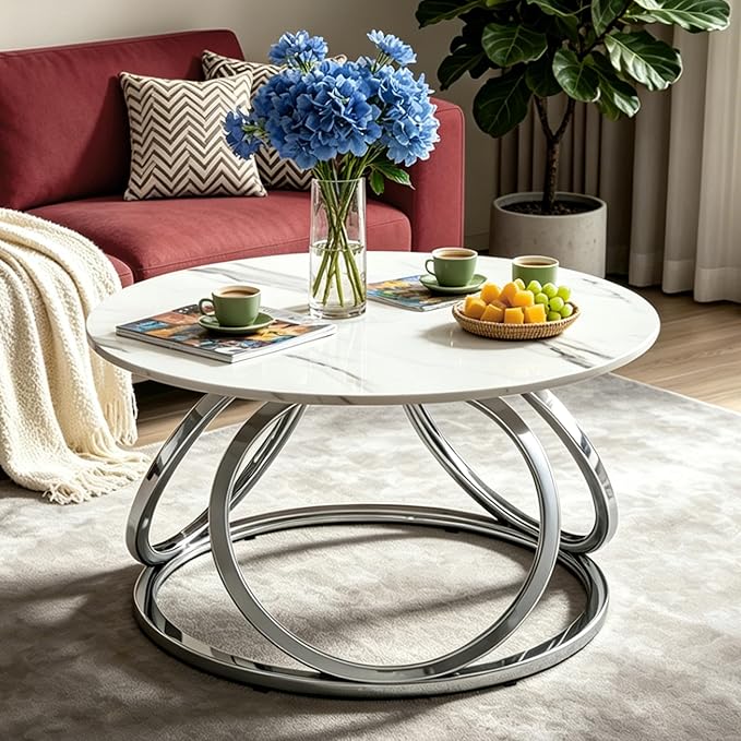 O&K FURNITURE Silver Coffee Table, Round Coffee Table Faux Marble Veins