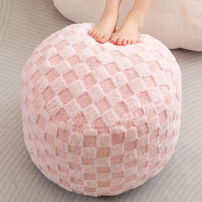HIGOGOGO Round Stuffed Pouf Ottoman, Plaid Poufs
