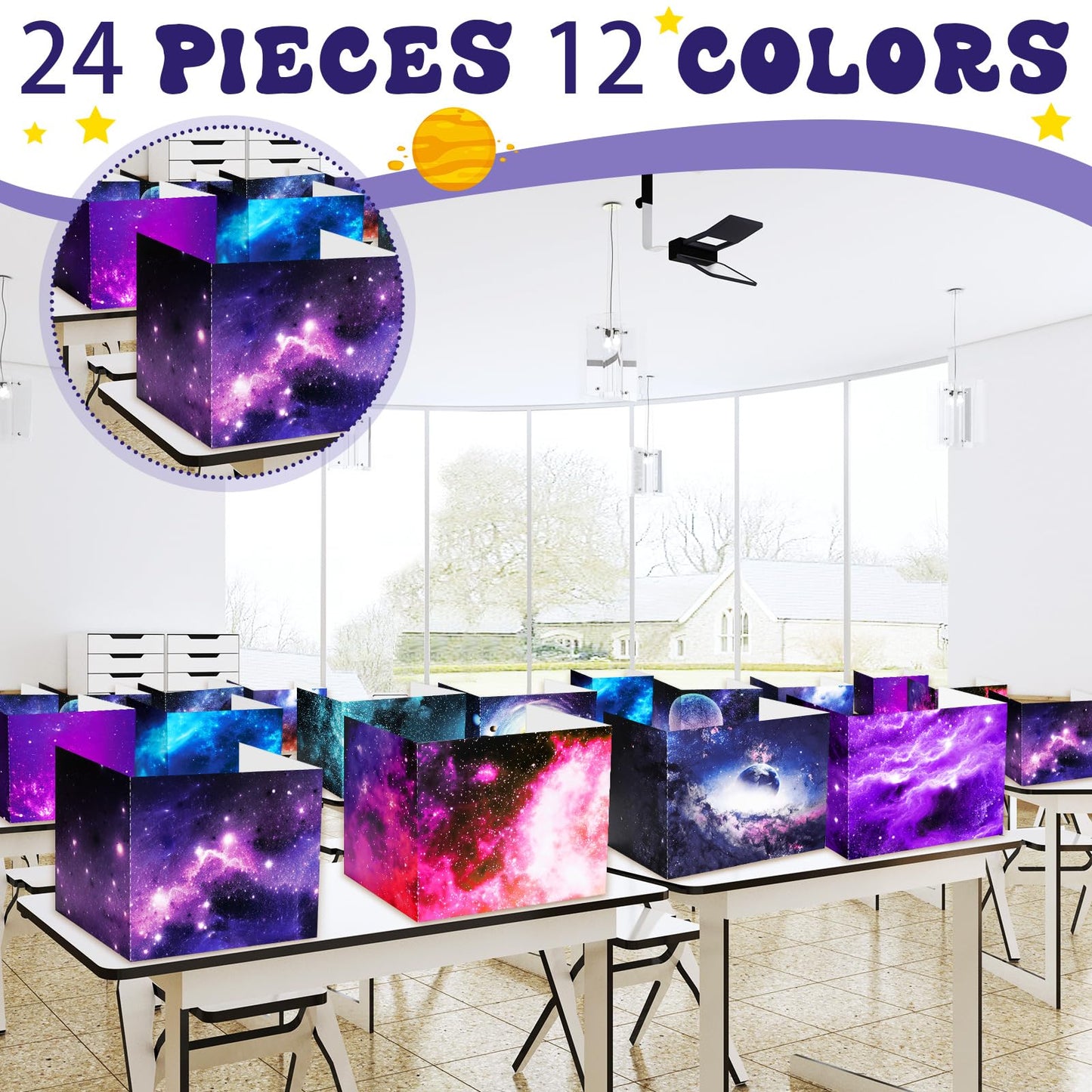 SATINIOR 24 Pcs Privacy Folders for Students, Desk Dividers for Classroom Testing, Trifold Cardboard Privacy Boards, Study Carrels Panel School Teacher Supplies(Galaxy Style,Purple)