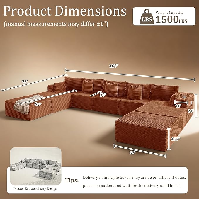 168" Cloud Sectional Couch, Comfort U Shaped Sofa