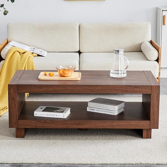Walnut Mid-Century Coffee Table, 47.2" W×23.6" D×18" H，Rectangular MDF Storage