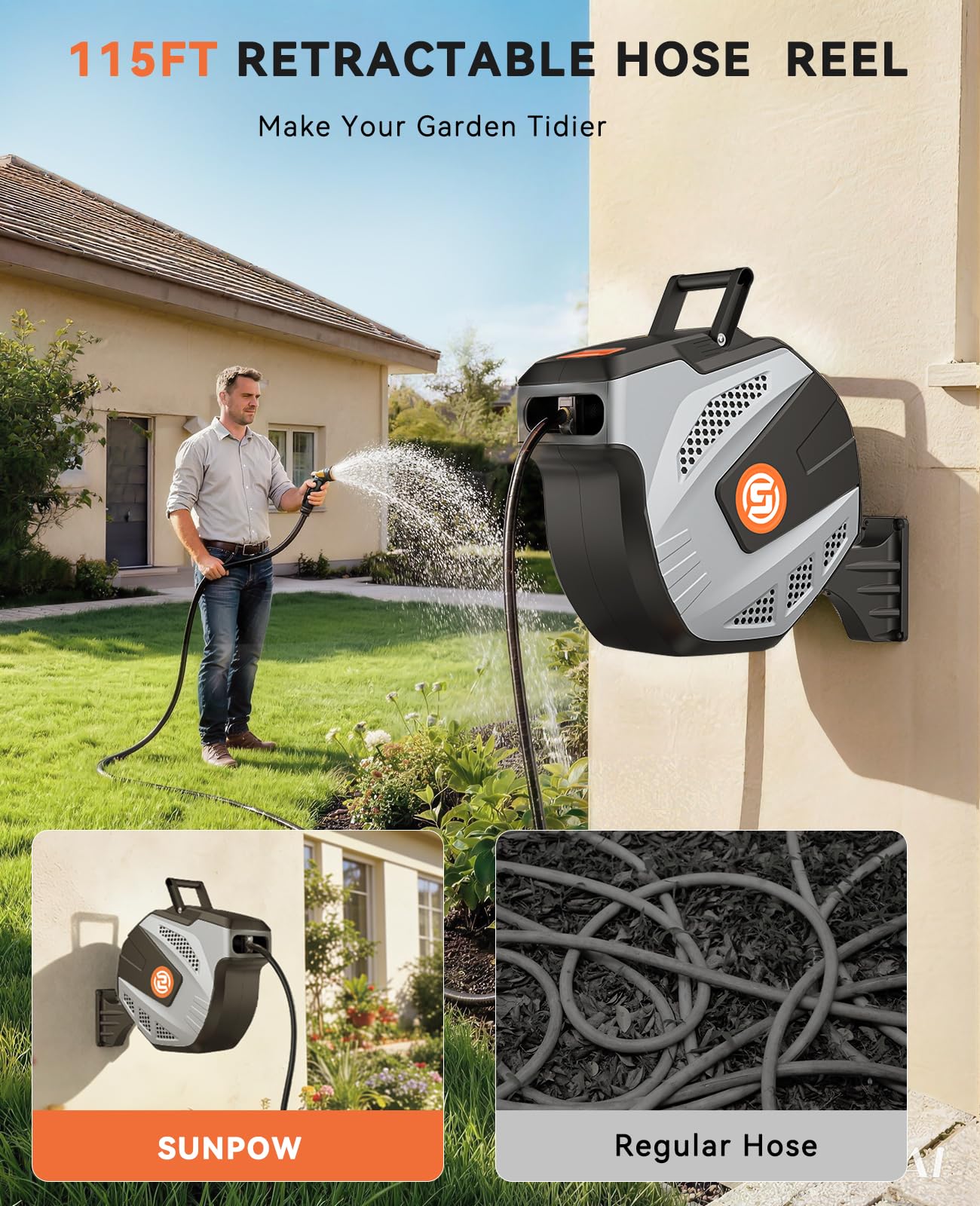 SUNPOW Retractable Garden Hose Reel - 1/2 inch x 115ft Heavy Duty Wall Mounted Hose Reel with 3/4 inch Brass Fitting & 10 Sprayer Nozzle - Any Length Lock, Auto Rewind System, 180°Swivel Bracket- Grey