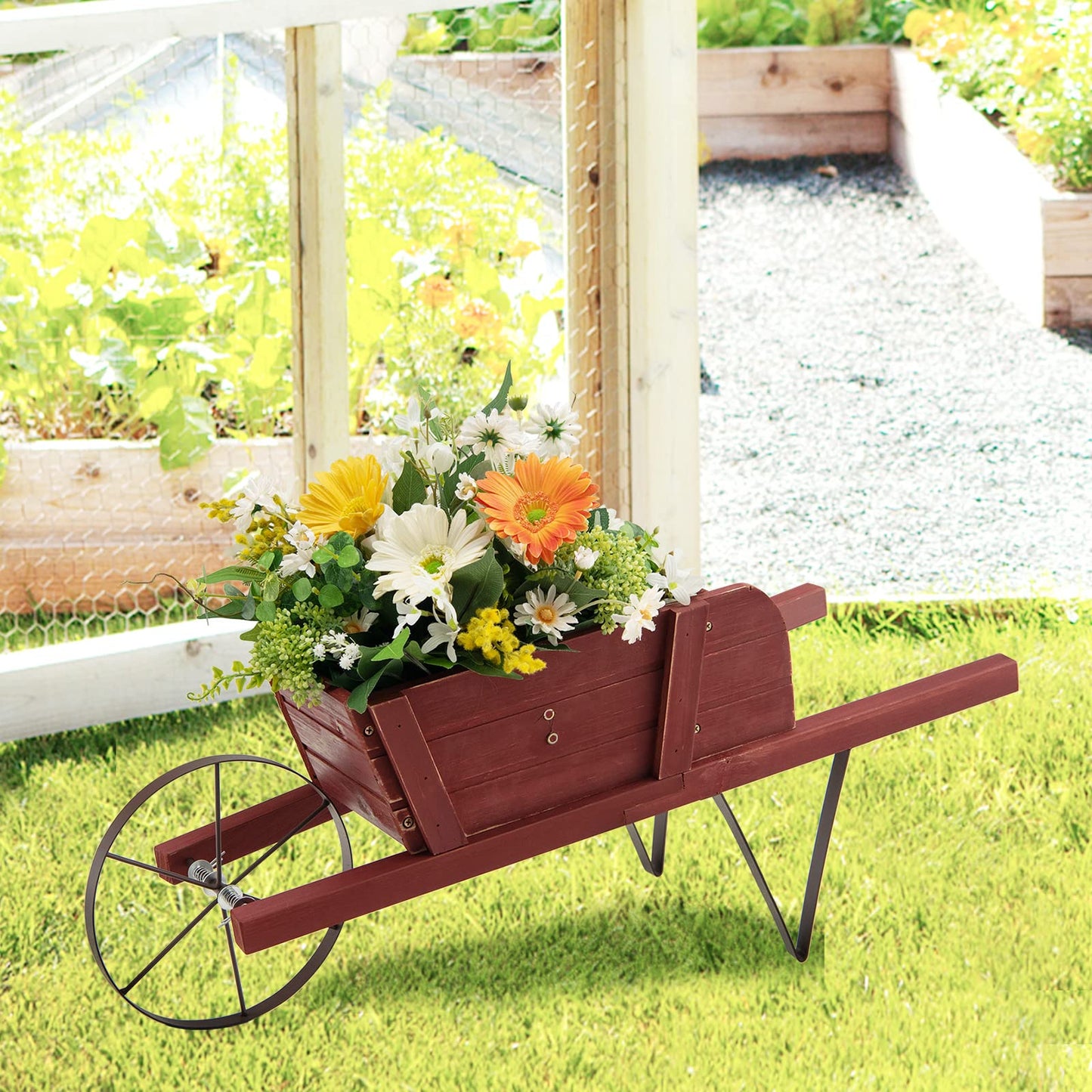TANGZON Wheelbarrow Planter, Wooden Garden Wagon Planter Cart with 9 Magnetic Accessories, Wheel, 2 Handle, Outdoor Rustic Pine Wood Decorative Raised Plant Pot Stand for Patio Balcony (Reddish Brown)