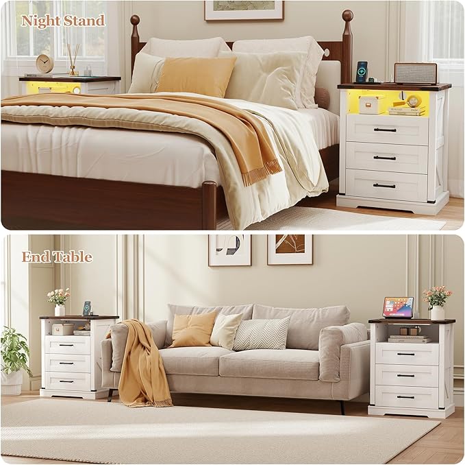 Turosur Night Stand with Charging Station 22" Large Farmhouse Nightstands with